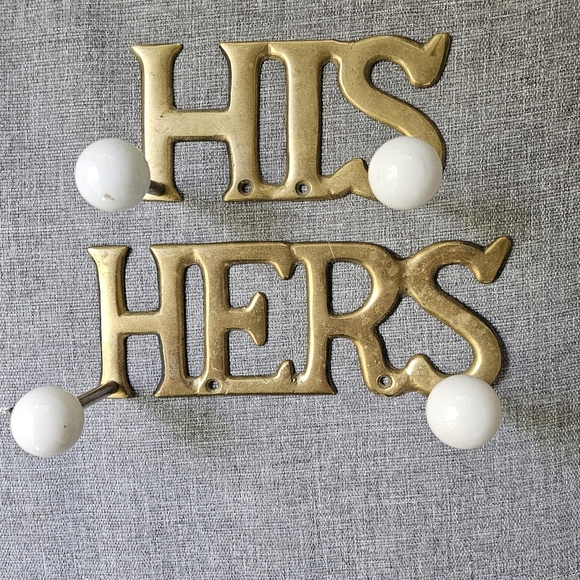 Vintage Brass Porcelain 'His and Hers' Wall Hooks - Picture 2 of 8